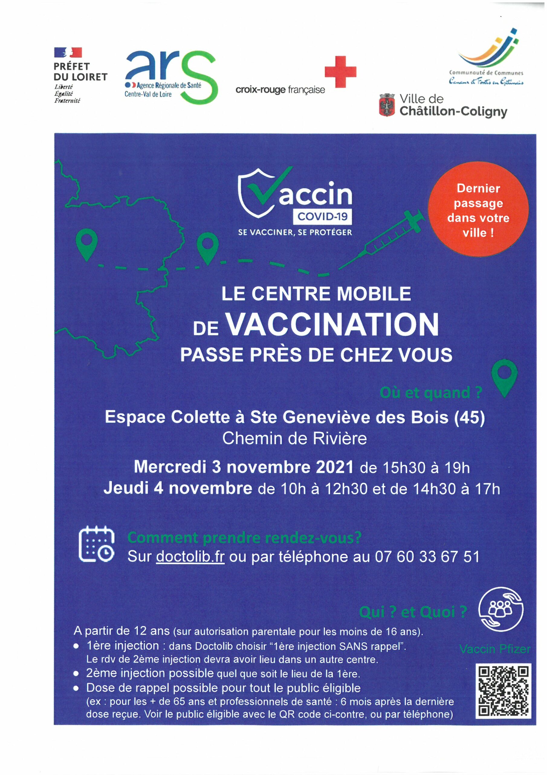 Centre De Vaccination Sainte Genevieve Des Bois CENTRE DE VACCINATION DES 3 ET 4 NOVEMBRE A L'ESPACE COLETTE -  Chatillon-Coligny